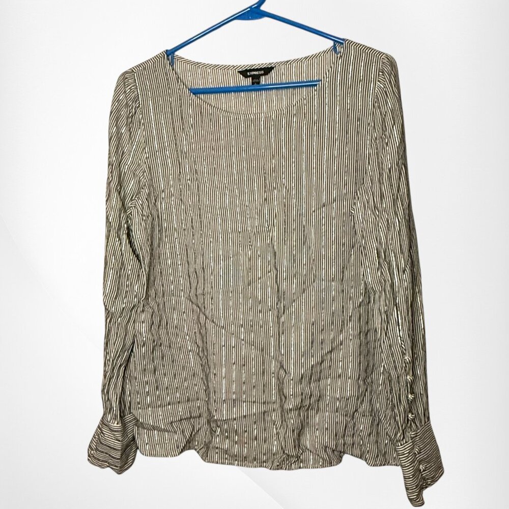 Express Gray White Boat Neck Metallic Pinstripe Pullover Long Sleeve size L